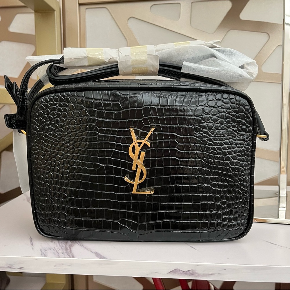 Yves Saint Laurent Black Croc-Embossed Bag with Gold Logo